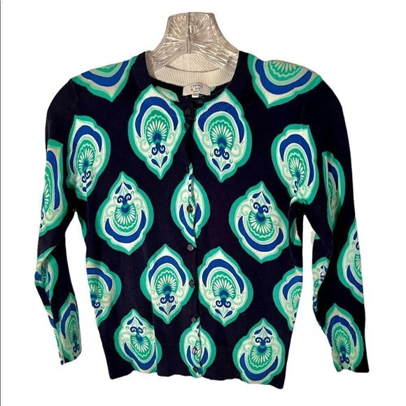 Crown & Ivy Women's Medium Cardigan Sweater 3/4 Sleeves Navy Green SzPP. - Picture 1 of 5